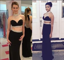 Two Pieces Prom Dresses 2019 Long Cheap Halter Hollow Back Chiffon Black Sparkly Crystal Sequin Formal Evening Dresses Celebrity Gowns