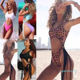 Großhandel-2019 ferien sexy hohl stahl rand quaste bikini in einteiliges Badeanzug Leopard Swimwear Brazilian Bating Anzug Biquini