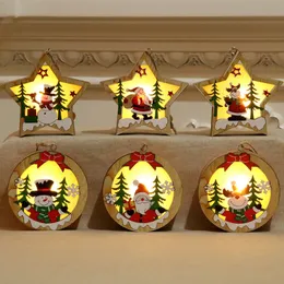 Boże Narodzenie Drewniany Luminous Wisiorek Santa Claus Moose Snowman Luminous Ornament Xmas Ciepłe Dekoracje biurko
