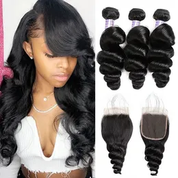 Ishow 28" Curly Body Virgin Hair Extensions Wefts Loose Deep 3/4pcs With 4*4 Lace Closure Straight Water Human Bundles for Women All Ages Natural Black