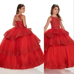 홍당무 핑크색 빨간 새로운 저렴한 미인 대회 드레스 보석 목에 부끄러운 레이스 레이스 아플리케 구슬 계층 얇은 색 어린이 꽃 여자 드레스 생일 가운