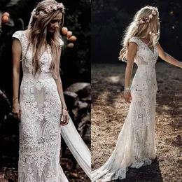 New Vintage Bohemian Wedding Dresses with Sleeves Hppie Crochet Cotton Lace Boho Country Mermaid Bridal Gowns