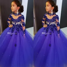 High Neck Flower Girl Dresses For Weddings Långärmad Royal Blue Beads Girls Pageant Dress Floor Length Kids Birthday Communion D246L