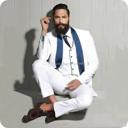 Handsome One Button White Groom Tuxedos Blue Shawl Lapel Groomsmen Mens Wedding/Prom/Dinner Best Man Blazer (Jacket+Pants+Vest+Tie) K95