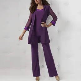 Purple Three Pieces Mother Of The Bride Pant Suits Long Sleeves Jackets Sequined Wedding Guest Dresses Plus Size Chiffon Mothers Groom Dress