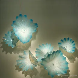 100% handblåst murano glas hängande ljuskronor konstdale chihuly stil borosilikat glas konst handblåst blå glas blomma väggkonst tallrikar