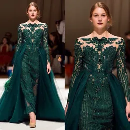 Hunter Green Overskirts Evening Dresses Luxury 2019 Bateau Neck Long Sleeve Full Lace Beaded Formal Prom Gowns Vestidos De Fiesta