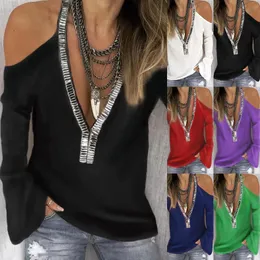 Spot 2021 European Spring and Autumn Fashion Solid Color Turtleneck V-neck sequined long-sleeved T-shirt support mixed batch