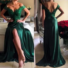 Prom Party Dresses A-Line Dark Green High Split Cutout Side Slit Lace Sexy Off Shoulder Formal Evening Gowns