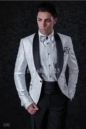 Populär Handsome One Button Vitmönster Bröllop Brudgum Tuxedos Sjal Lapel Groomsmen Män Passar Prom Blazer (Jacka + Byxor + Tie) No: 1868