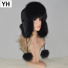 Ny stil Vinter Äkta Real Fox Fur Hat Kvinnor 100% Naturlig Real Fox Fur Cap 2018 Kvalitet Varm Ryssland Real Fox Fur Bomber Caps D19011503
