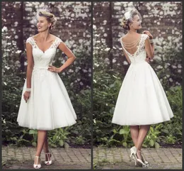 Винтаж 50-х годов стиль короткие кружевные свадебные платья с v-образным вырезом кружева аппликация чай длина бисером свадебные платья с пуговицами Vestido De Noiva