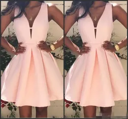 Pink Short Prom Dresses Sexy Deep V Neck Satin Sleeveless Tail Party Dress Evening Formal Wear Plus Size Custom Made