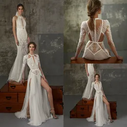 Lior Charchy Bohemian Bröllopsklänningar Lace Appliques Side Split Beads Beach Wedding Dress A Line Långärmad Robe de Mariée Boho Style 4284