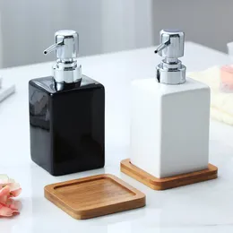 320 ml Keramik-Seifenspender, weiße schwarze Flasche, Hotel-Duschgel-Händedesinfektionsflasche mit Bambus-Tablett für Küchen- und Badezimmerzubehör