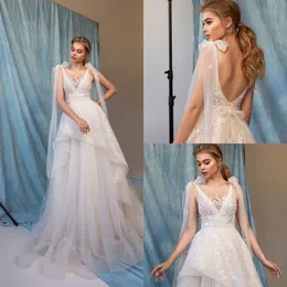 Fairy 2020 Eva Lendel Lace Bröllopsklänning Tiered Kjolar Baklösa Applique Bow Bridal Gown Abiti da Sposa