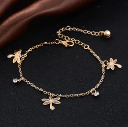 Dragonfly Butterfly Leaves Pendant Anklets Fotkedja Sommar Yoga Beach Ben Armband Handgjorda Anklet Rose Gold Färg Smycken Gratis frakt