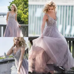 Deep v Sexig Neck Sequined Prom Dresses Beading Long Formal aftonklänningar Tulle Plus Size A Line Sweep Train Party Dress