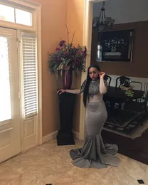 Sexy Grey Appliqued Mermaid Prom Dresses 2019 Z Długim Rękawem Sheer Koronki Wieczór Formalna Party Suknia Czarna Dziewczyna Afryki Korowód Dress Custom