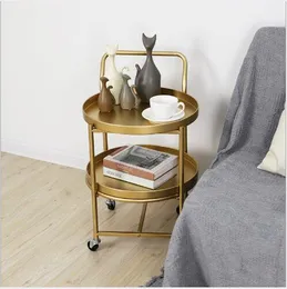 Golden round double-decker tea table Bedroom Furniture Movable trolley milk shop in living room tables