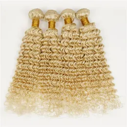 Atacado 10-28 polegadas cor loira descolorida # 613 russo brasileiro peruano indiano malaio virgem cabelo encaracolado profundo extensões de cabelo humano 4pcs