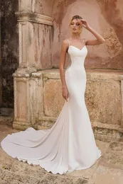 Gorgeous Mermaid 2021 Satin Wedding Dresses Bridal Gowns Spaghetti Straps Backless Luxury Beads Sweep Train Beach Country robe de 181y