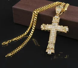 Pendant Necklaces New Retro Silver Cross Charm Pendant Full Ice Out CZ Simulated Diamonds Catholic Crucifix Pendant Necklace With Long Cuban Chain GB 1491