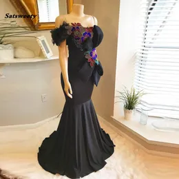 Färgglada broderi sjöjungfru långa balklänningar sexiga svarta promklänningar från axeln med båge 3D Flower Elastic Vestido Longo