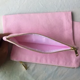 Ljusrosa duk makeup väska tomt rosa bomull kosmetisk väska grå stor kopplingspåse rosa dragkedja för diy hantverk2496