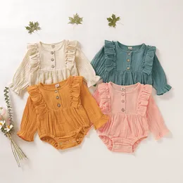 Ins Baby Clothing Spring Fall Soft Cotton Linen Romper Ruffle Long Sleeves Solid Color Girl Romper Baby Casual Clothes M695