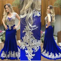 New Sexy Gorgeous Royal Blue V Neck Mermaid Evening Dresses Wear Appliques Lace Beads Satin Sequins Sleeveless Sweep Train Party Prom Gowns 403