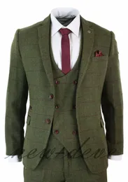 Zima Przystojny Nowy Olive Green 3 Sztuk Tweed Męskie Wedding Suit Slim Fit Fit Notched Lapel Groom Nosić prawdziwy obraz Blazer (kurtka + kamizelki + spodnie)