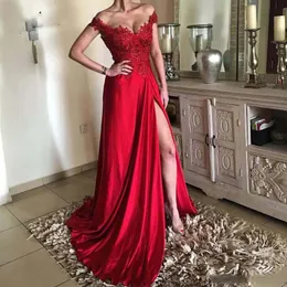 Rote Abendkleider 2019 vor Schulter Spitze Appliqued Perlen Prom Kleid Lange Seite Schlitze Eine Linie Formale Partykleider