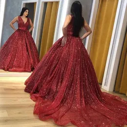 Cheap Shinning Sequined Ball Gown Quinceanera Dresses Long Deep V Neck Pleats Sweet 16 Dress Celebrity Party Gowns Pageant Gowns Vestidos