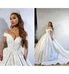 Bohemian Luxury Satin Applique Crystal Ball Gown Wedding Dresses Princess Gown Sweetheart Off Shoulder Sweep Train Cathedral Bridal Gowns