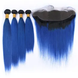 Svart och mörkblå Ombre Human Hair Frontal Lace Closure 13x4 med 4bundles # 1b Blue Ombre Malaysian Straight Weaves Virgin Hair Extensions