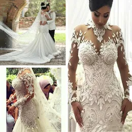 2020 Długie rękawy Suknie ślubne Illusion Nigeria Wysoka Neck Appliqued Zroszony Dubaj Arabski Zamek Syrenka Suknia Ślubna