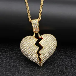 Iced Out Broken Love Heart Naszyjniki Męskie Bling Kryształ Rhinestone Love Charm Gold Silver Twisted Chain Dla Kobiet Hip Hop Hop DHL