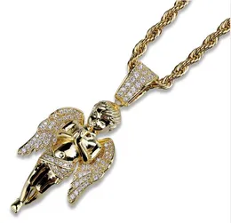 Hip Hop Micro Paved Zircon Angel Jesus Wing Copper Two Tone Iced Out Full Cz Pendant Necklaces Gift wl1138