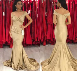 Gorgeous Off The Ramię Syrenki Suknie Wieczorowe Plisowane Satynowe Długość Piętro Szampański Złoto Długie Prom Dresses Formalne Suknie