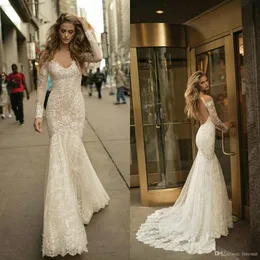 Elegante Vinatge Berta Mermaid Wedding Dresses V Neck Lace Applique mangas compridas Trem da varredura Lace Vestido de Noiva vestidos de noiva Abiti Da Sposa