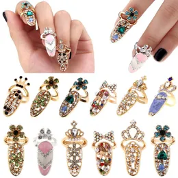 Mode Smycken Bowknot Nail Ring Charm Crown Flower Crystal Finger Nail Ringar för Kvinnor Lady Rhinestone Fingernail Protective Gift