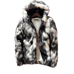 Зимнее модное меховое пальто, мужская одежда, черно-белая куртка с длинным рукавом и толстым искусственным мехом на молнии с принтом, куртка с капюшоном