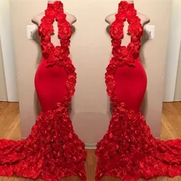 Red Rose Mermaid Prom Dresses 2022 New Sexy High Neck Appliques Formal Evening Dresses Sweep Train Party Gowns