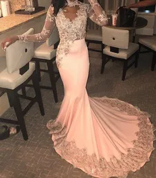 Afrykańska Brzoskwinia Mermaid Prom Dresses 2019 Sexy Sheer Lace Aplikacje Suknie wieczorowe Sweep Pociąg Tanie Formalne Party Dress Vestidos