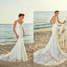 2020 Eddy K Beach sjöjungfru bröllopsklänningar v Neck Vit Satin Bröllop Bröllopklänningar Abiti da Sposa Lace Appliqued Backless Wedding Dress Plus