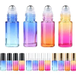 5ml Gradient Color Grube Glass Roll na Olej Essential Oil Puste butelek perfum Piłka rolkowa ze stalową metalową piłką wałkową SN2795