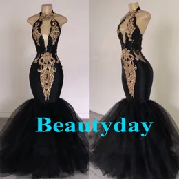 Elegant Gold Appliqued Lace Evening Dresses 2019 with Mermaid Labourjoisie Dubai Formal Gowns Party Prom Dress Black Tulle