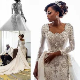 2020 Elegant Beading African Wedding Dresses Crystals Overskirts Luxury Long Sleeves Sheath Detachable Train Bridal Gowns Custom