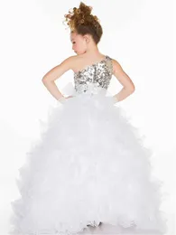 Glitzernde silberne Pailletten Mädchen-Festzug-Kleider, eine Schulter, Prinzessin, Ballkleid, Geburtstagsfeier, Hochzeit, Blumenmädchenkleid, Customize2533